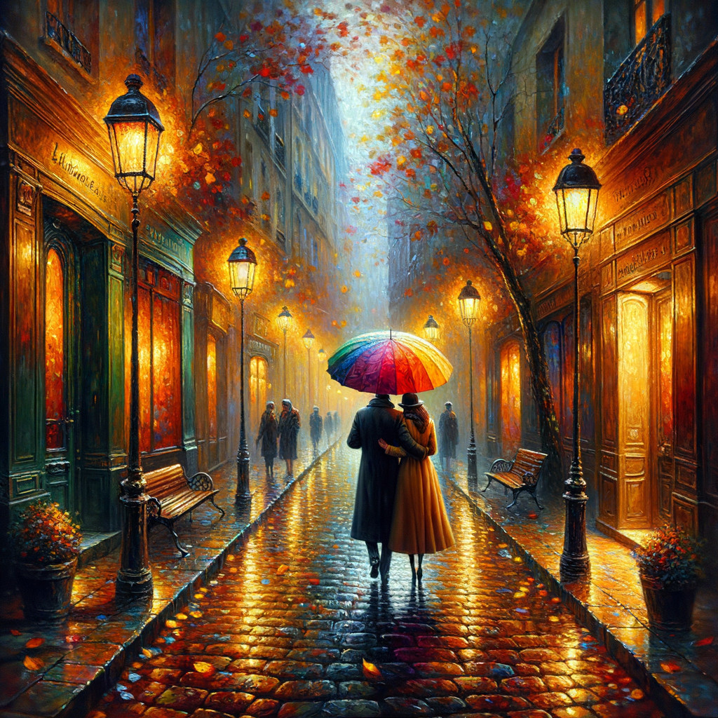 Couple Walking with Umbrella on Rainy Cobblestone Street