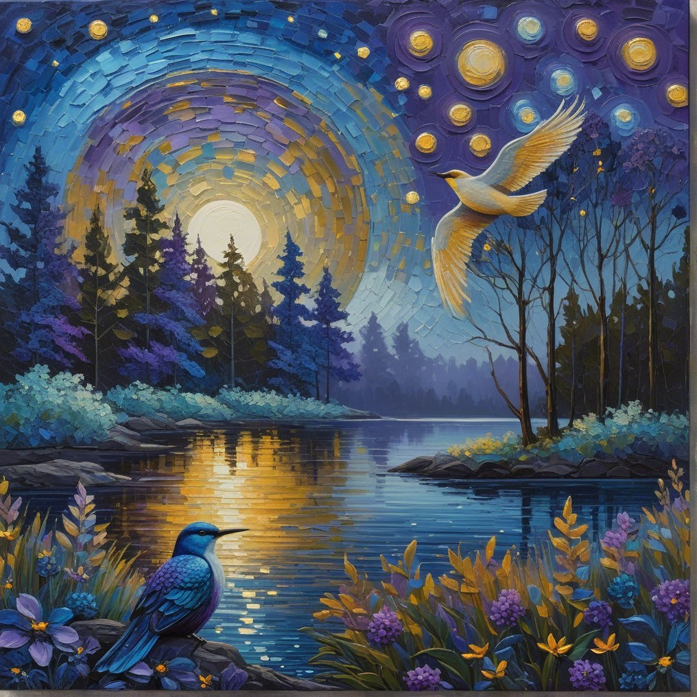 Vibrant Twilight Landscape with Lake and Wildlife