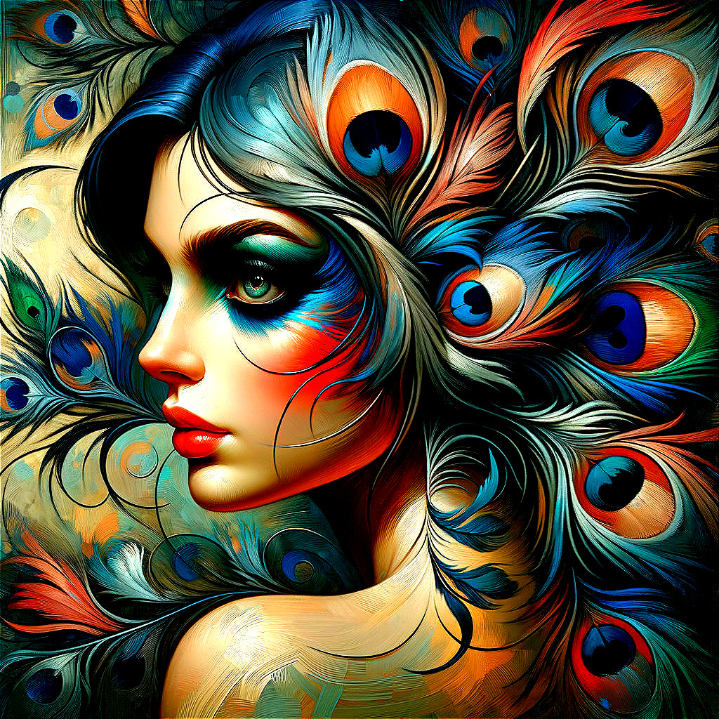 Vibrant Portrait of Woman with Peacock Feather Hair
