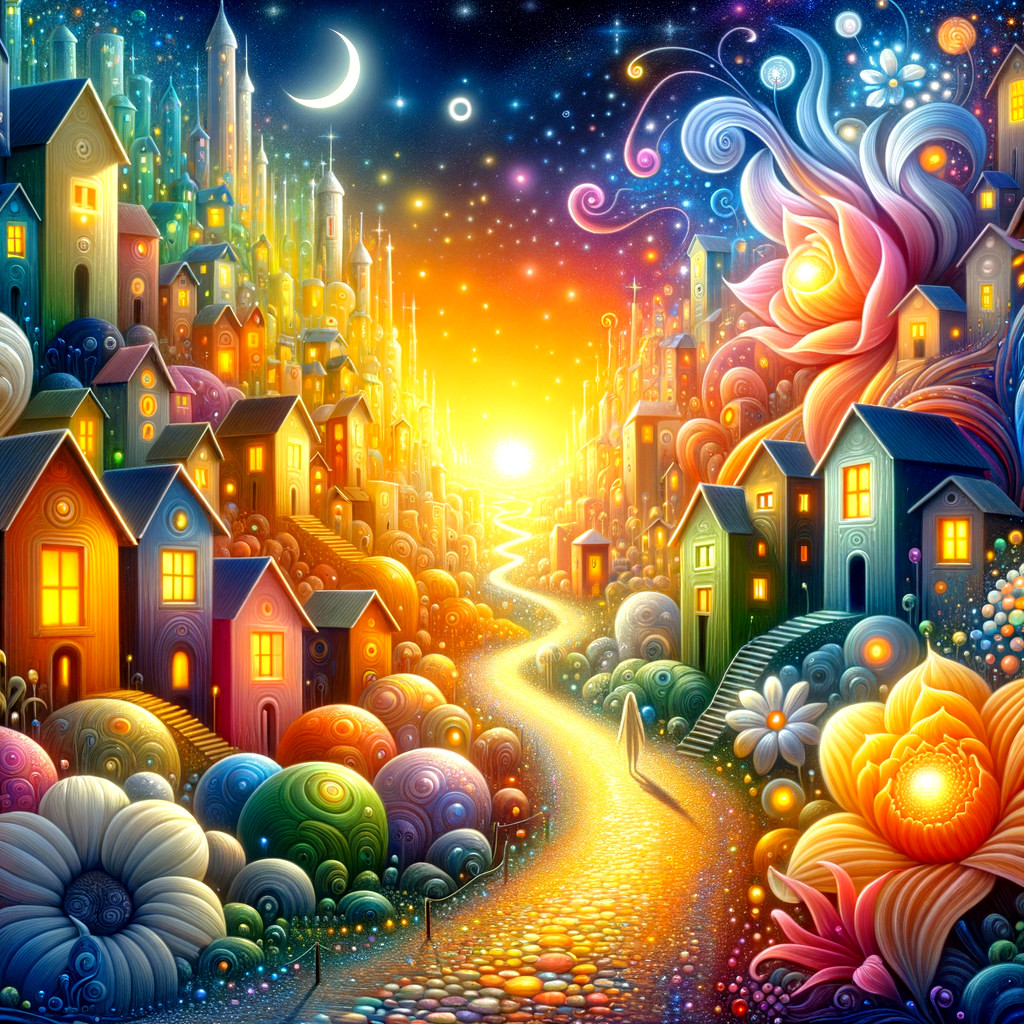 Whimsical Colorful Town Landscape at Dusk