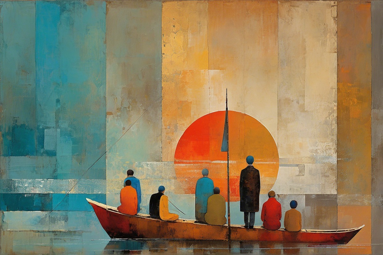 Serene Landscape with Stylized Boat and Warm Sunset