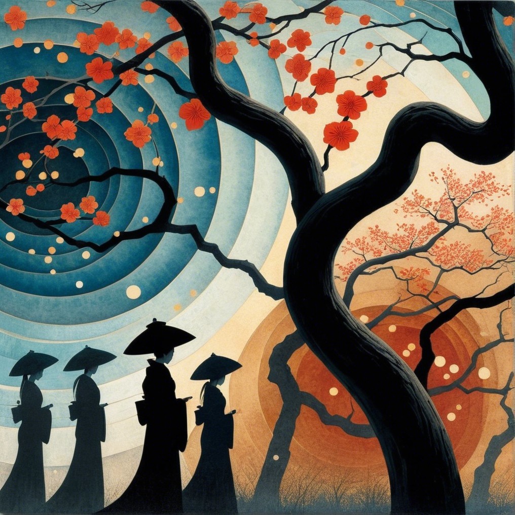Silhouettes in Traditional Attire with Umbrellas and Trees