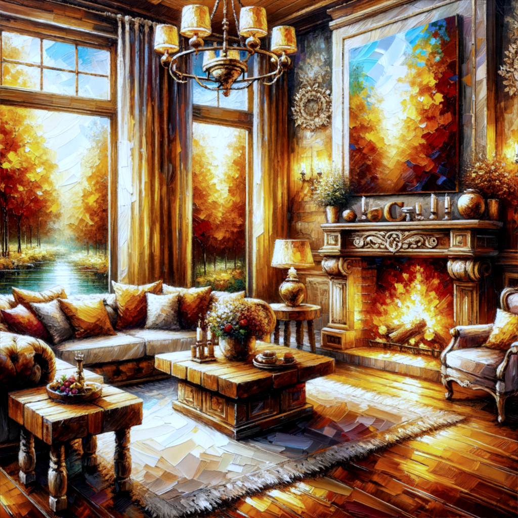 Cozy Living Room with Autumn Colors and Fireplace