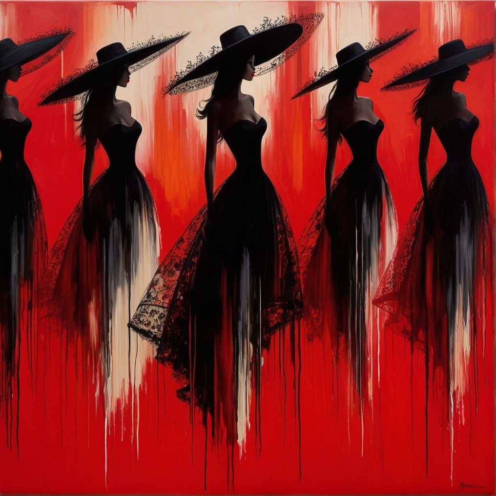 Elegant Silhouettes of Women in Black Dresses on Red