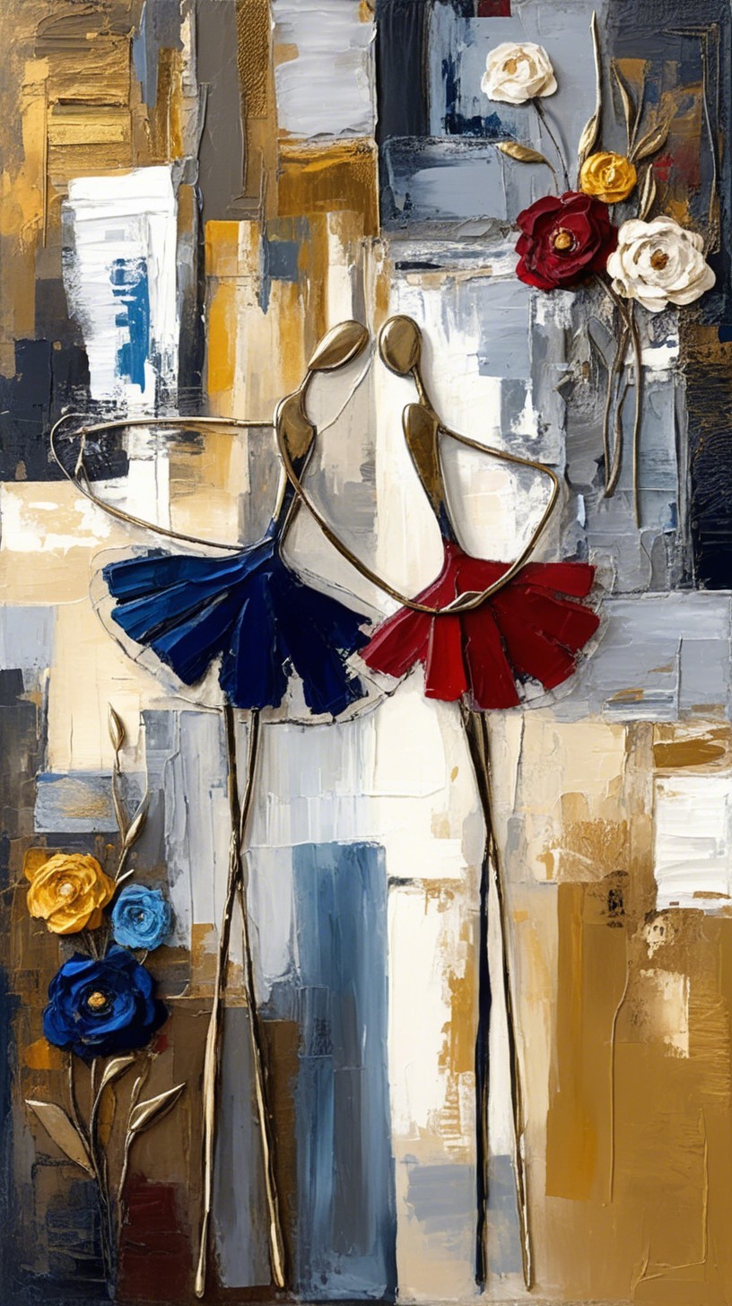 Abstract Painting of Ballerinas in Motion with Flowers