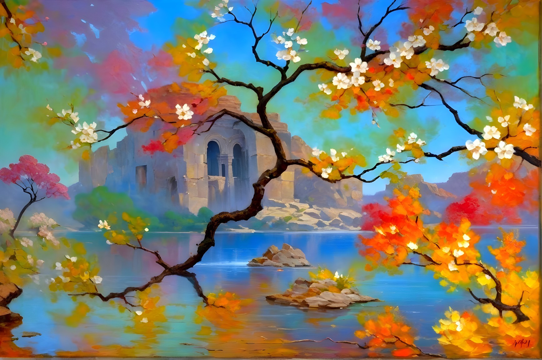 Serene Lakeside Scene with Autumn Foliage and Ruins