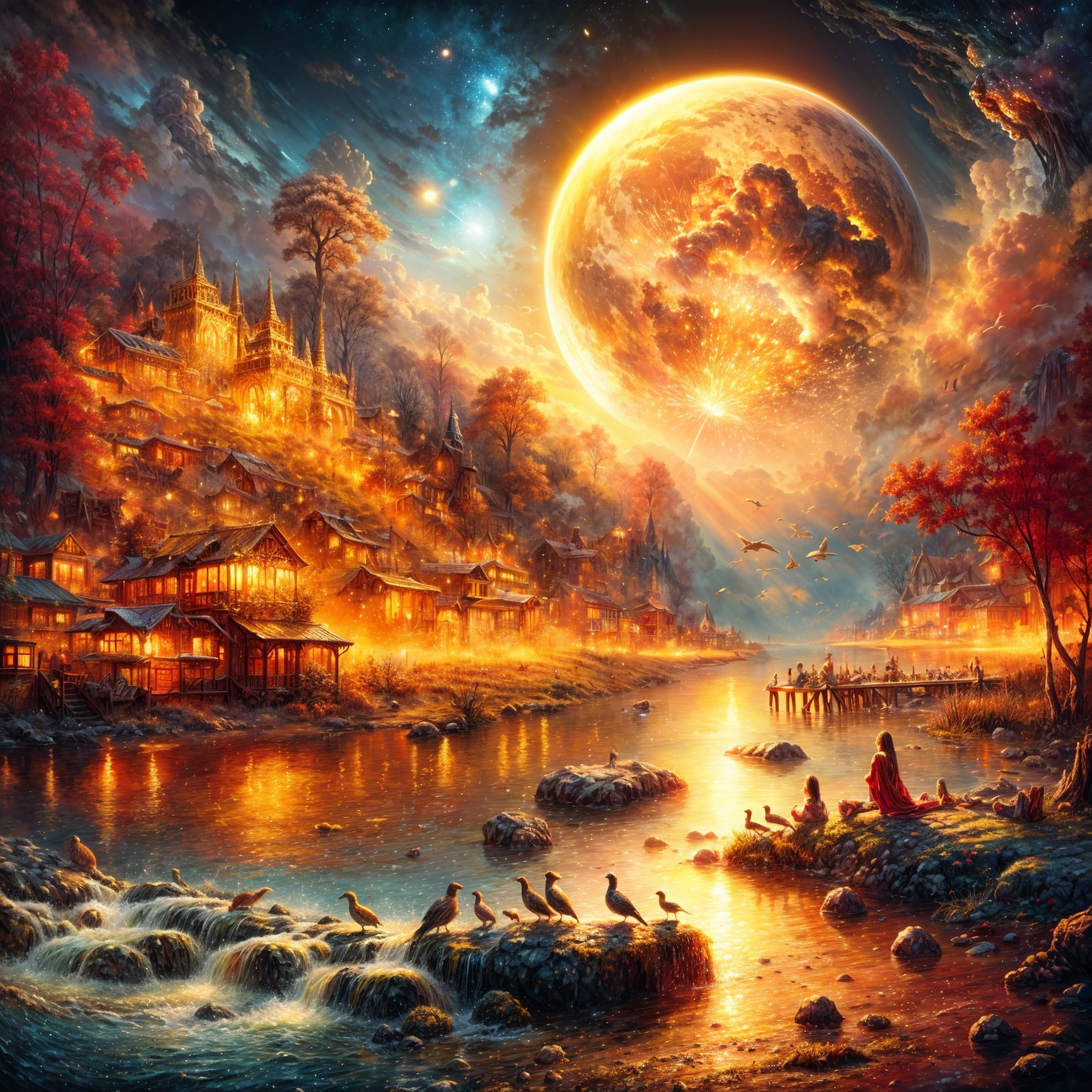 Vibrant Fantasy Village by Tranquil River at Night