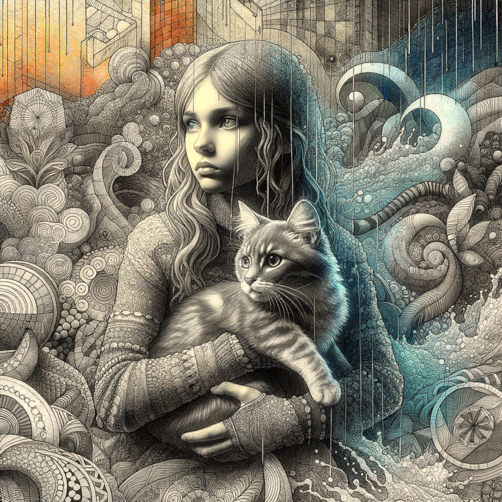 Young girl holding gray cat in a surreal setting