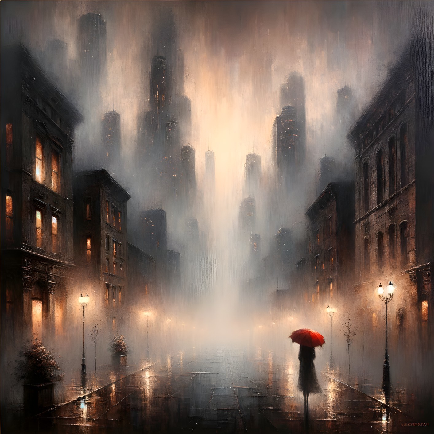 Foggy Urban Street with Figure and Red Umbrella