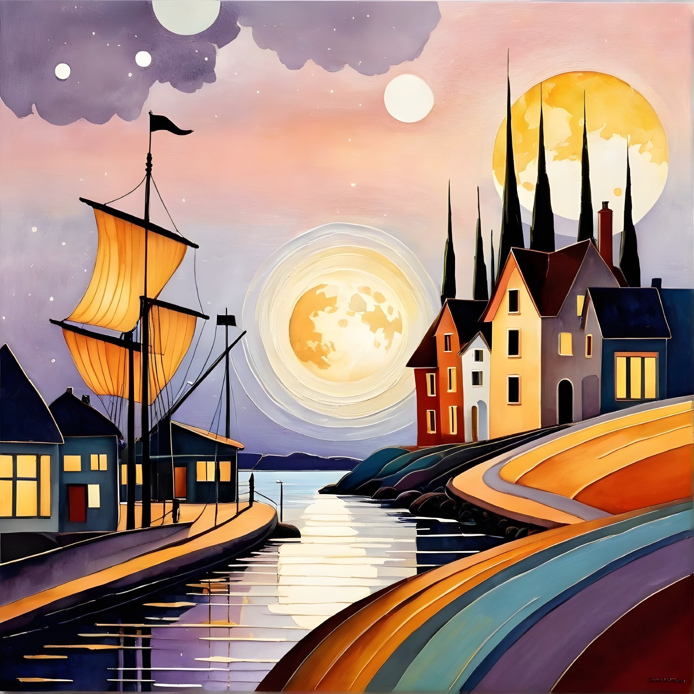 Whimsical Coastal Scene with Vibrant Harbor at Dusk