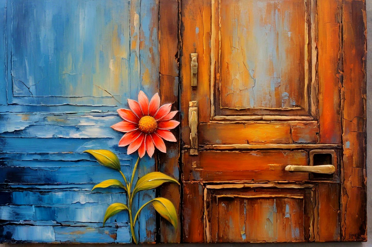 Textured Wooden Door with Colorful Flower Detail