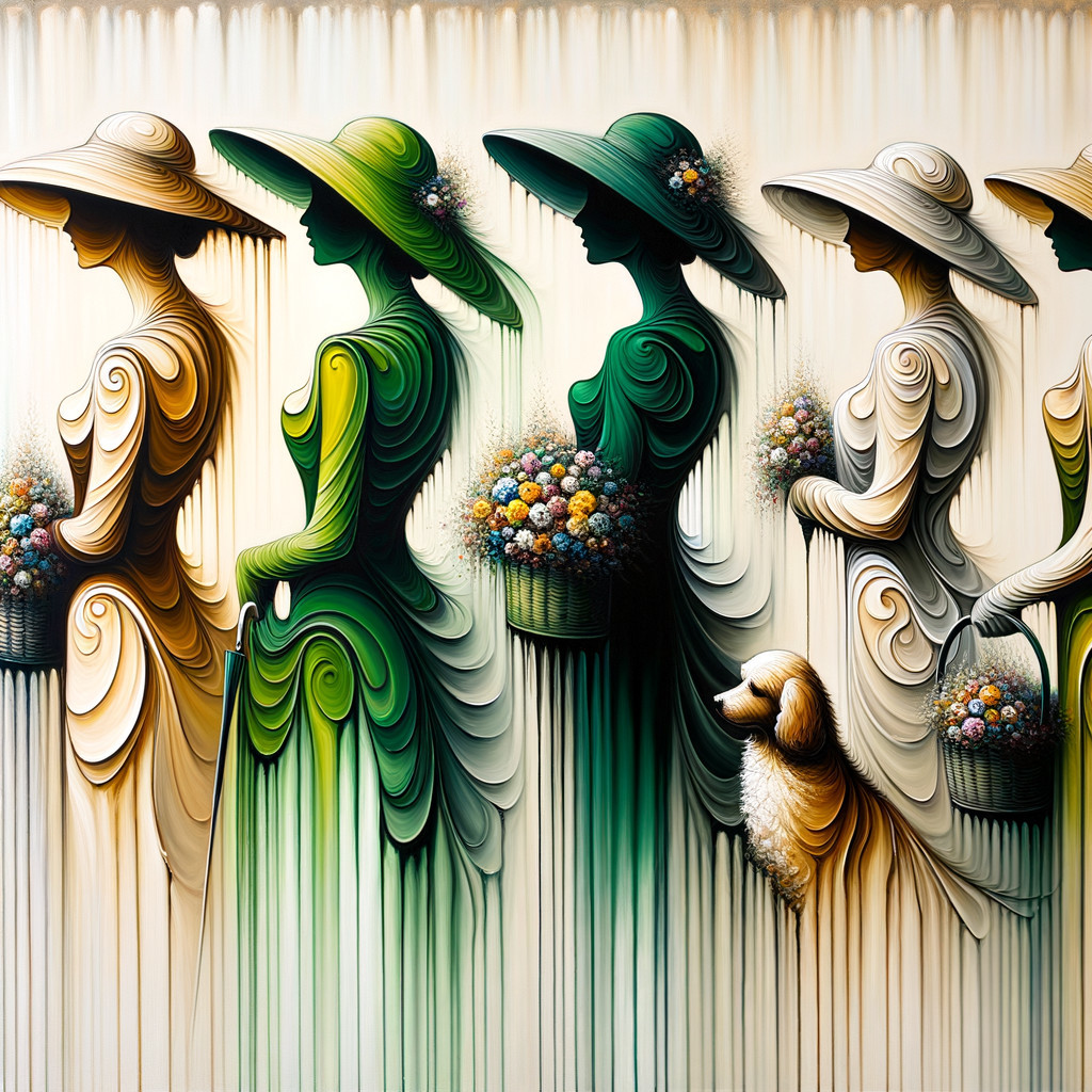 Elegant Figures in Flowing Dresses with Flowers and Dog