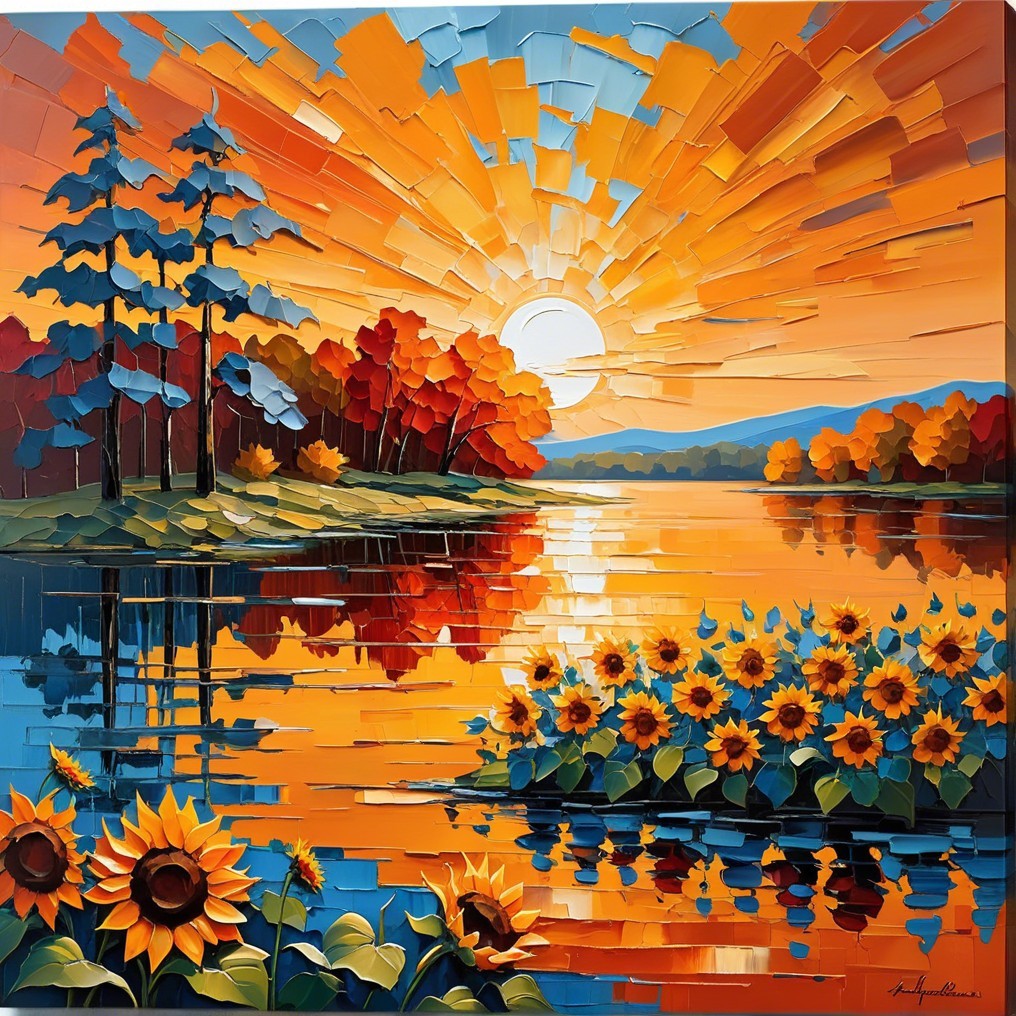 Vibrant Sunset Over Serene Lake with Sunflowers