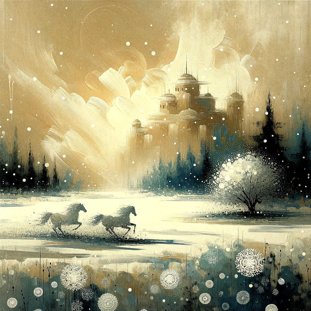 Horses Galloping on a Frozen Lake in Winter Landscape