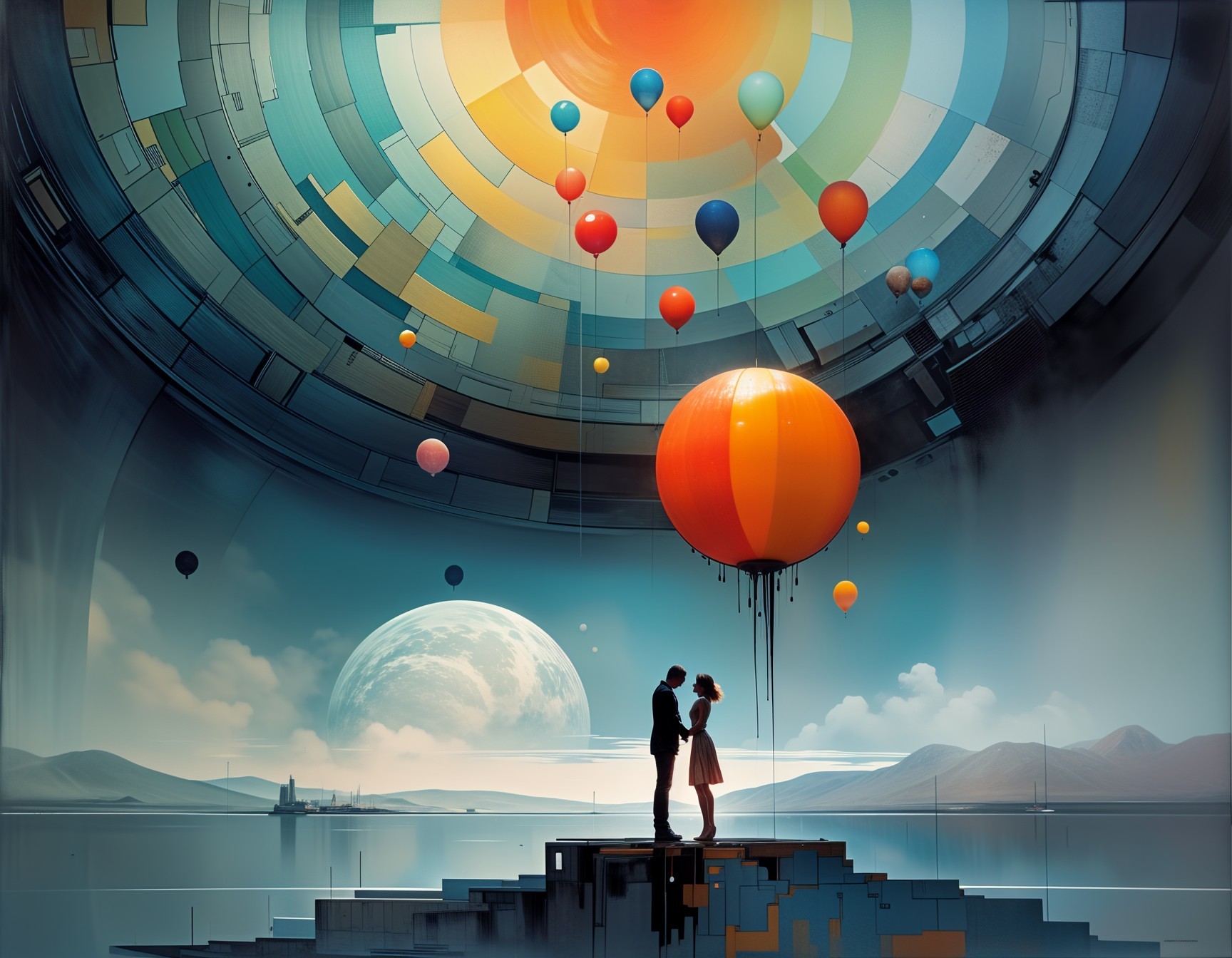 Couple on Geometric Platform Under Surreal Ceiling