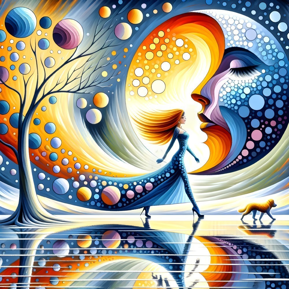 Surreal Scene of Woman and Dog in Colorful Landscape