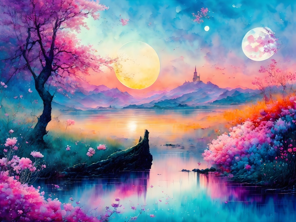 Vibrant Landscape with Lake, Sunset, and Castle