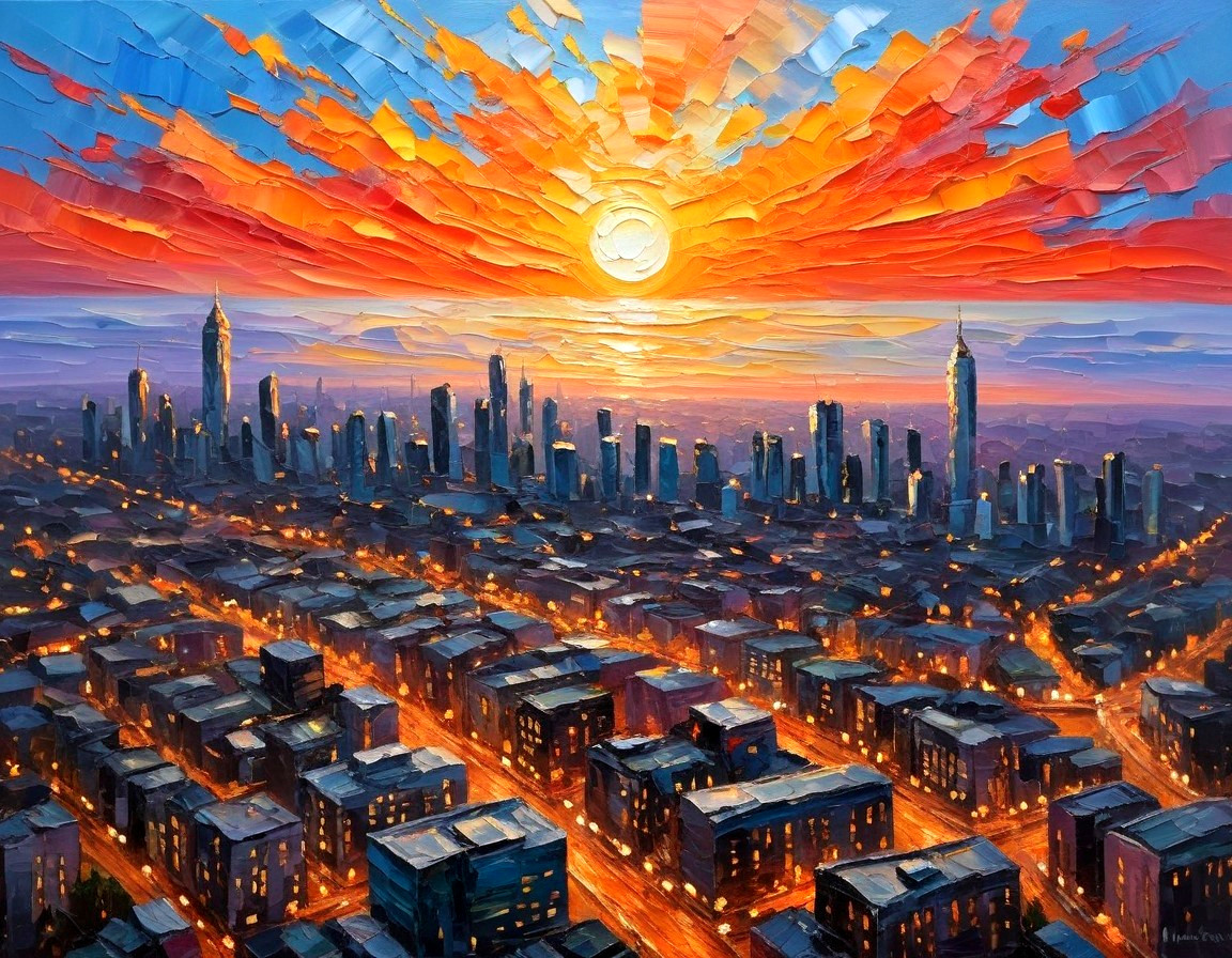 Vibrant cityscape at sunset with illuminated skyline