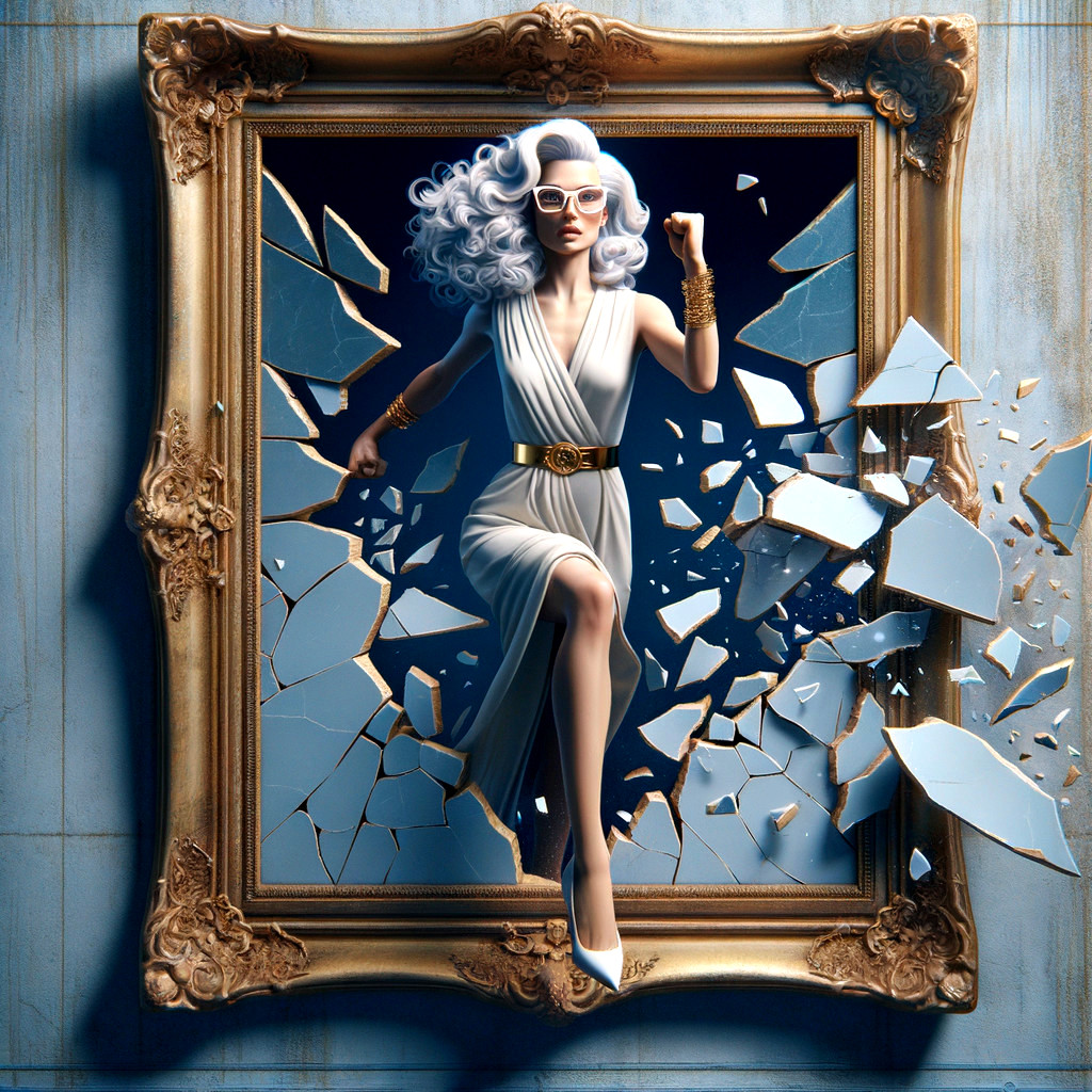 Glamorous Figure in White Gown Breaking Through Frame