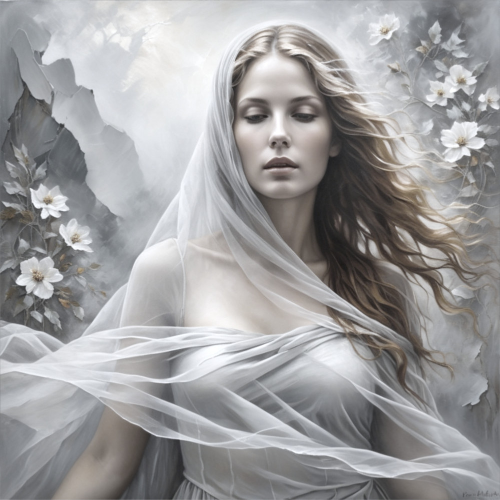 Woman in Translucent Fabric in Ethereal Landscape