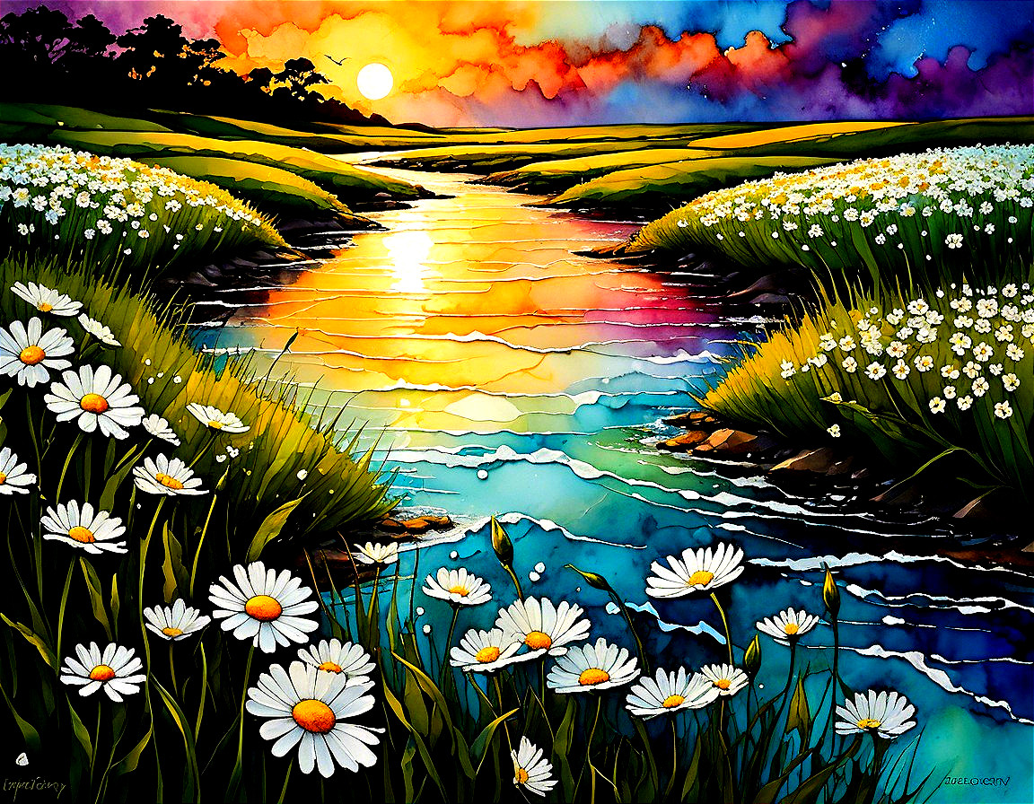 Vibrant Sunset Landscape with Winding River and Fields