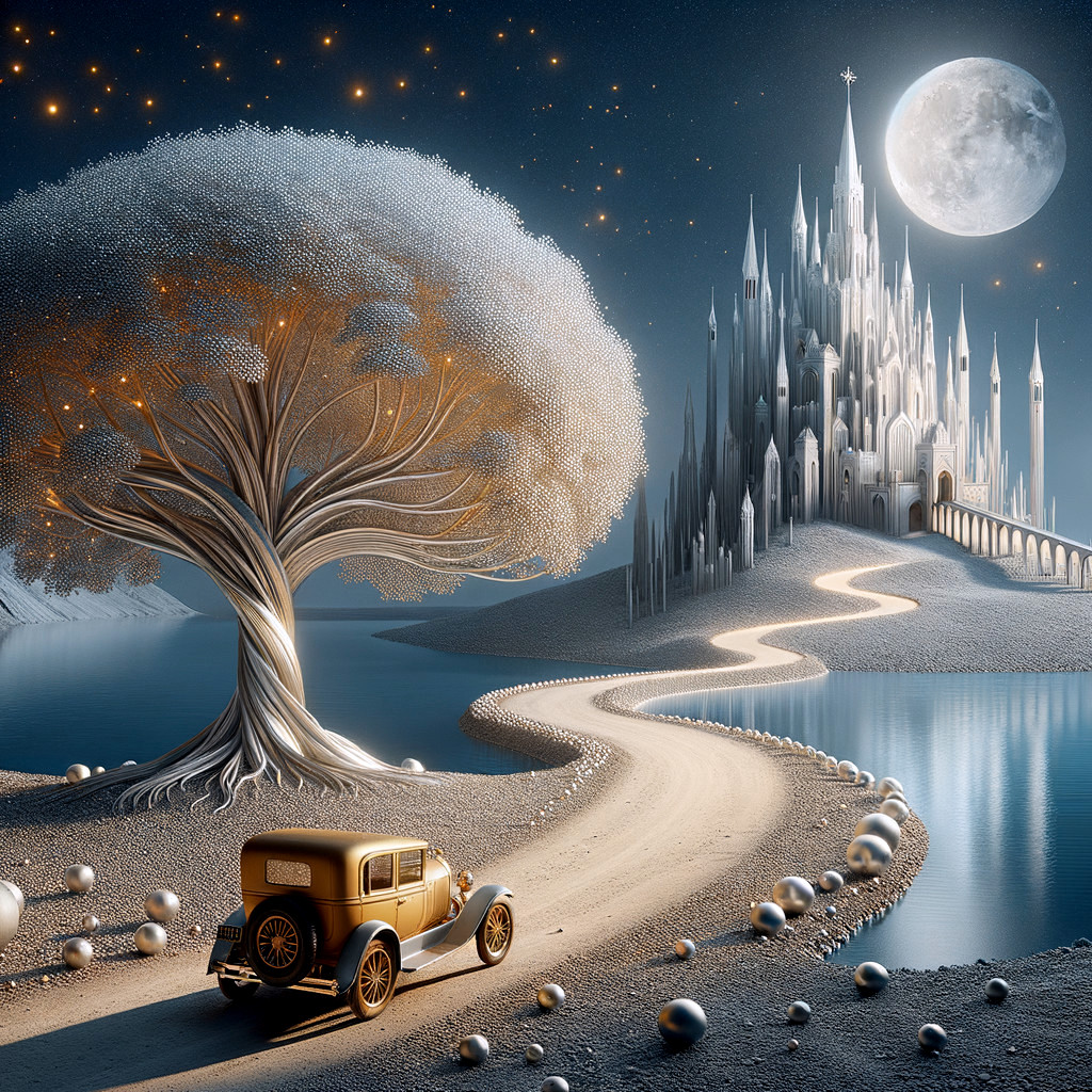 Serene landscape with castle, moon, and vintage car