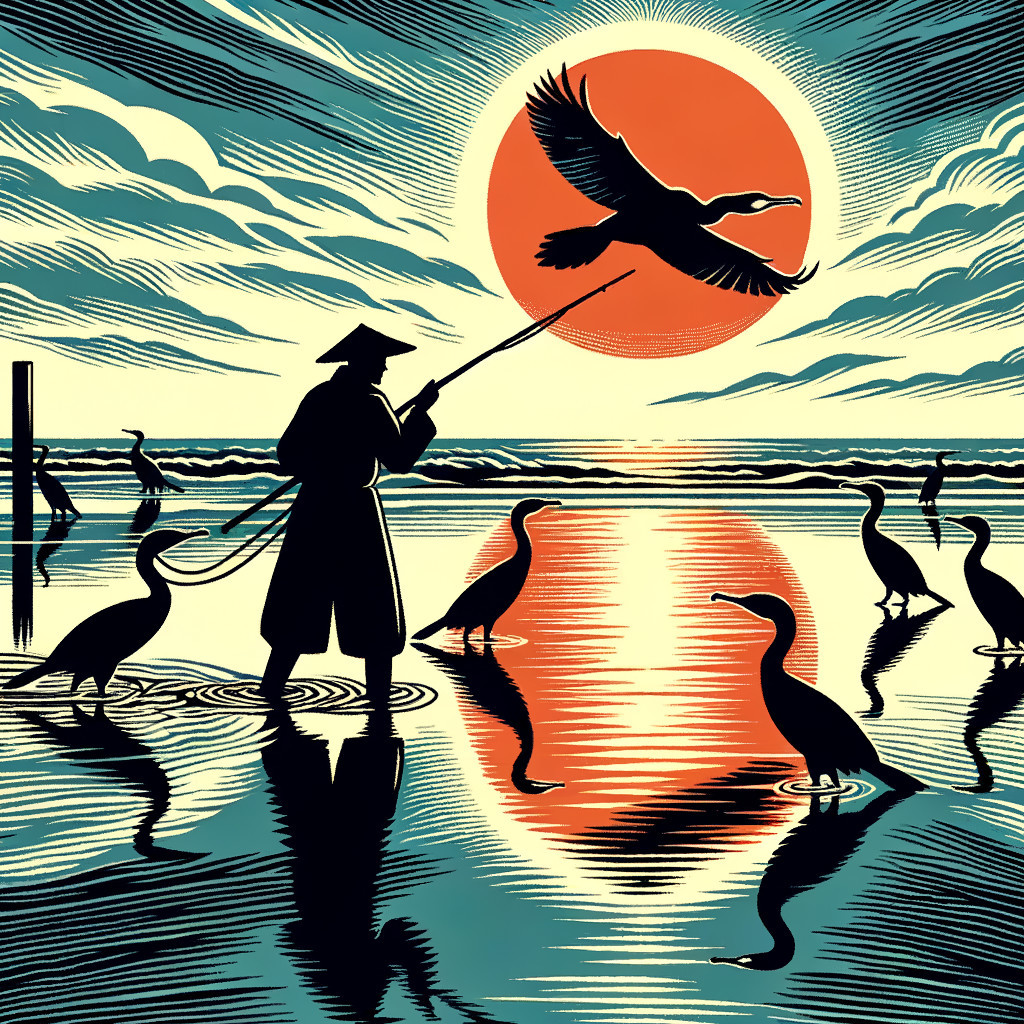 Fisherman Silhouetted at Sunset with Water Birds
