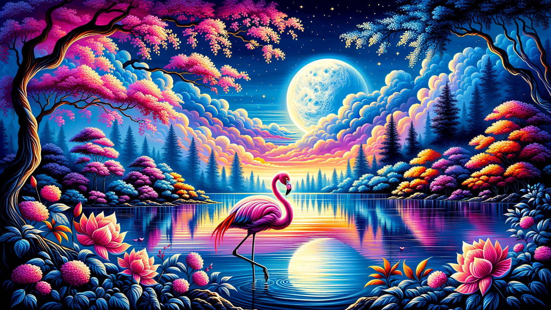 Surreal Lake Scene with Colorful Trees and Moon