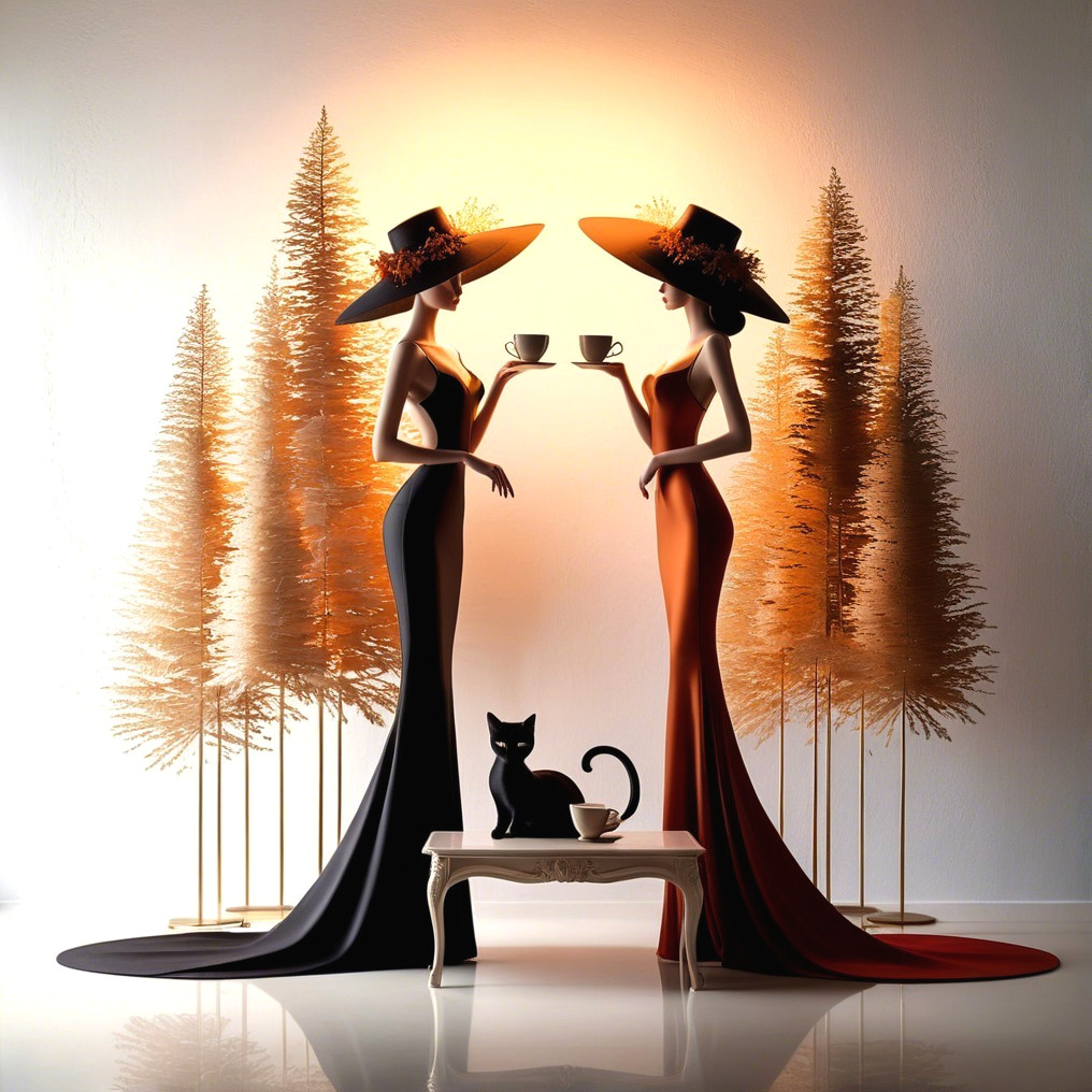 Elegant Women in Long Dresses with Tea Cups