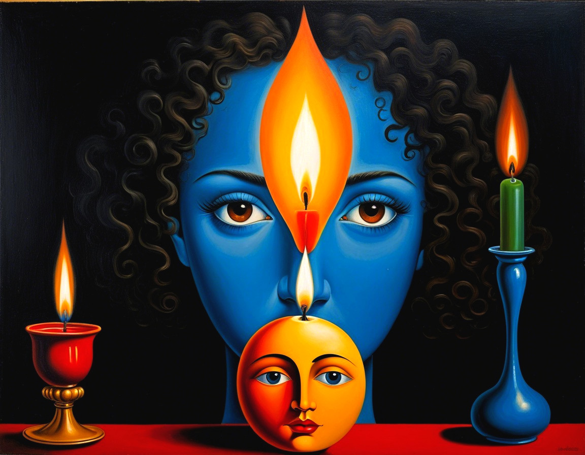 Stylized Blue-Faced Figure Surrounded by Candles