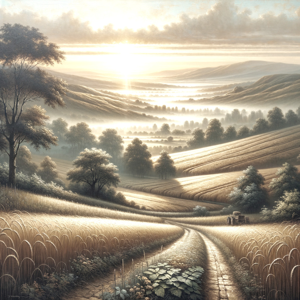 Tranquil Landscape of Rolling Hills and Golden Fields