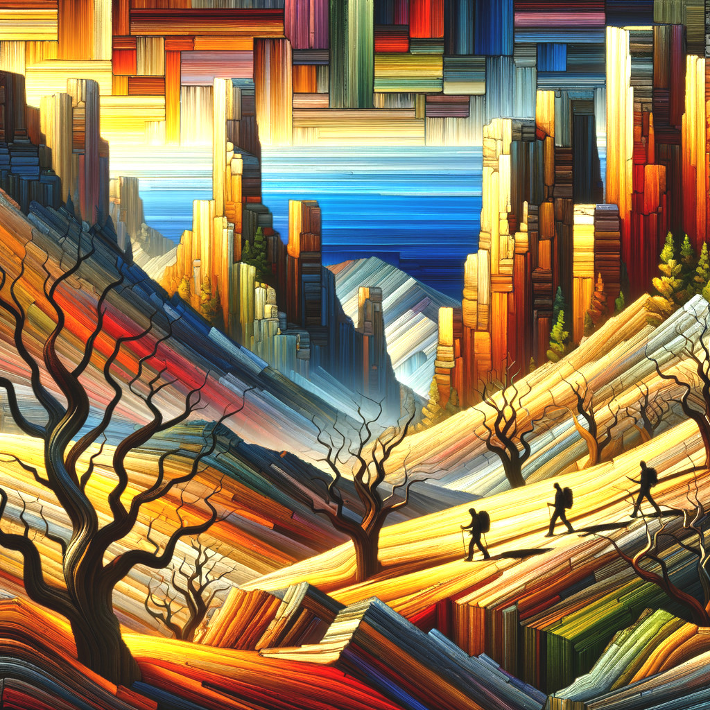 Vibrant Abstract Landscape with Hikers and Rock Formations