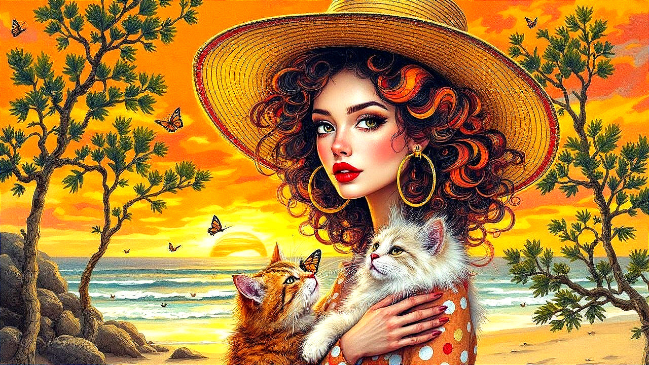 Young woman with cats at sunset beach scene