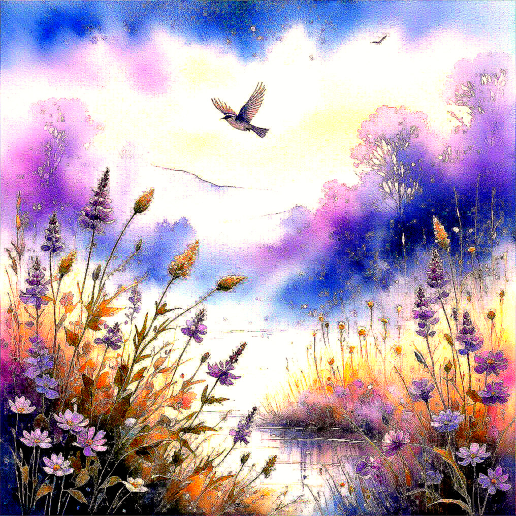 Tranquil Landscape with Wildflowers and Serene Water