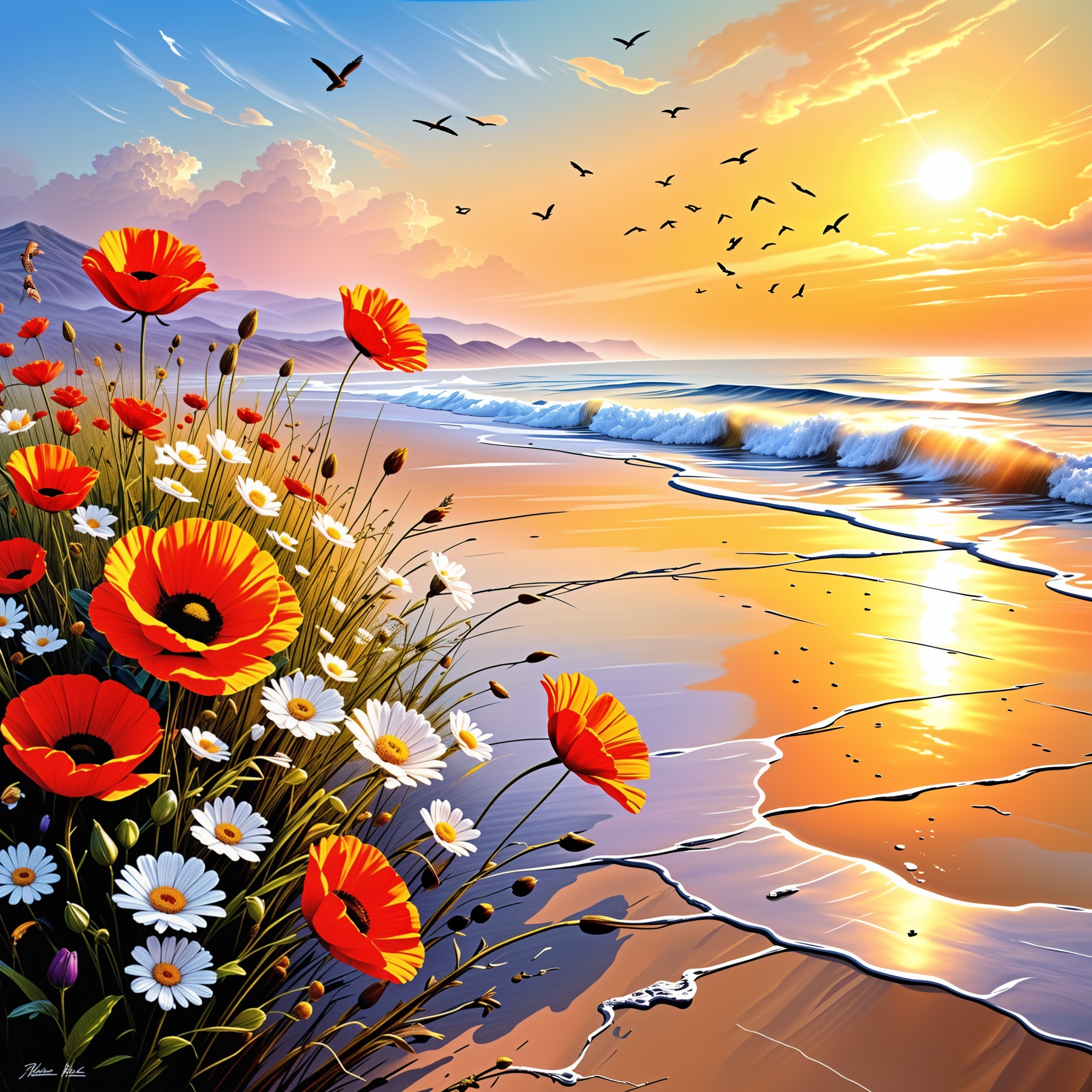 Vibrant Seaside Sunset with Colorful Flowers