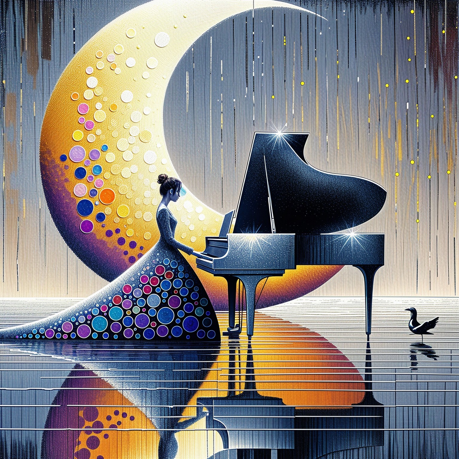 Woman in Polka-Dotted Gown at Grand Piano by Moonlight