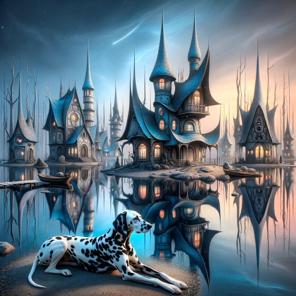 Whimsical Landscape with Fairy-Tale Houses and Twilight Sky