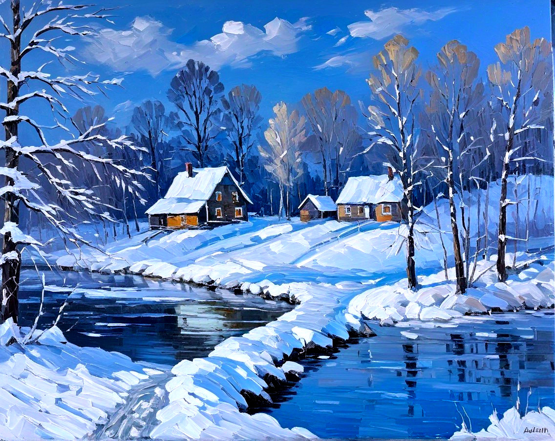 Serene Winter Landscape with Cottages and River