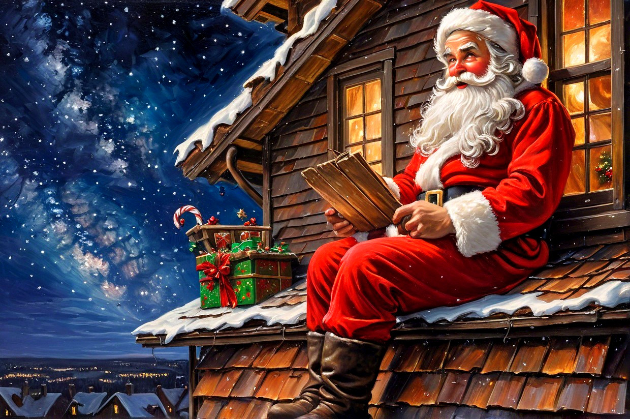 Santa Claus on a snowy cabin roof with gifts and stars