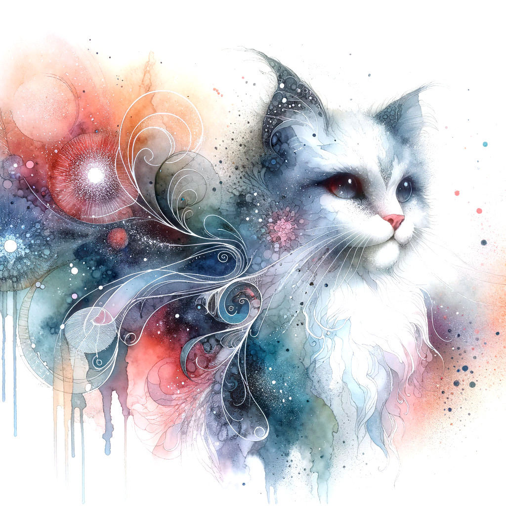 Watercolor Portrait of a Cat with Cosmic Background