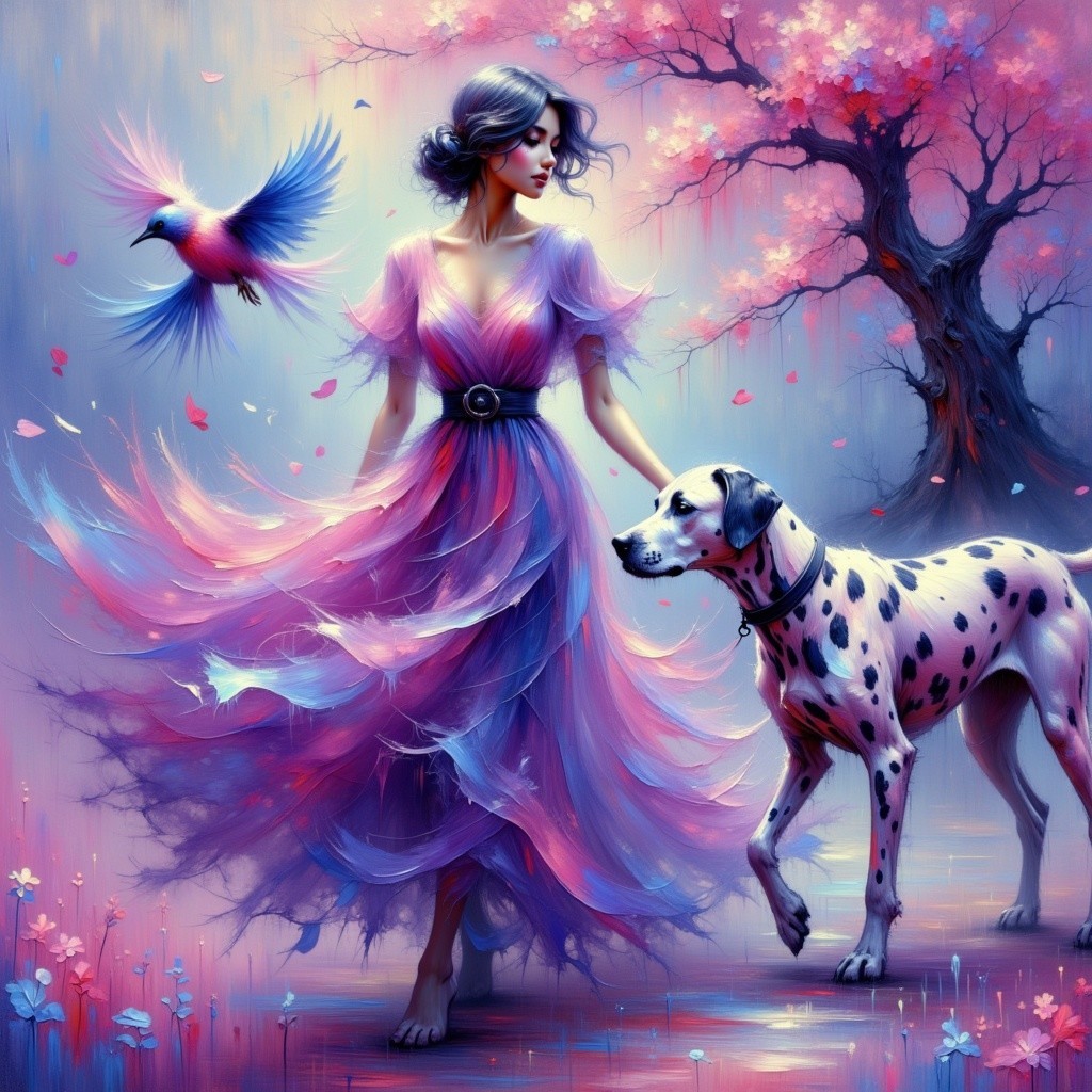 Dreamy Landscape with Woman, Dog, and Blossoming Tree