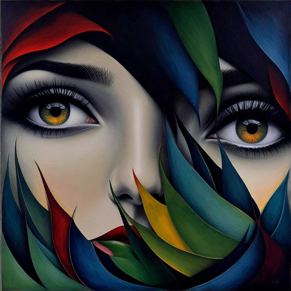 Close-up of a face with colorful leaves and green eyes