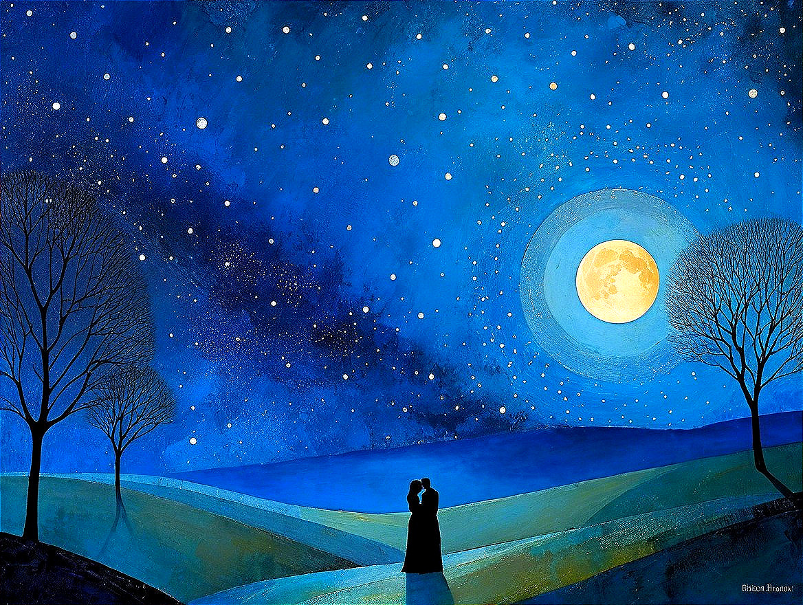 Silhouette of a couple under a starry night sky