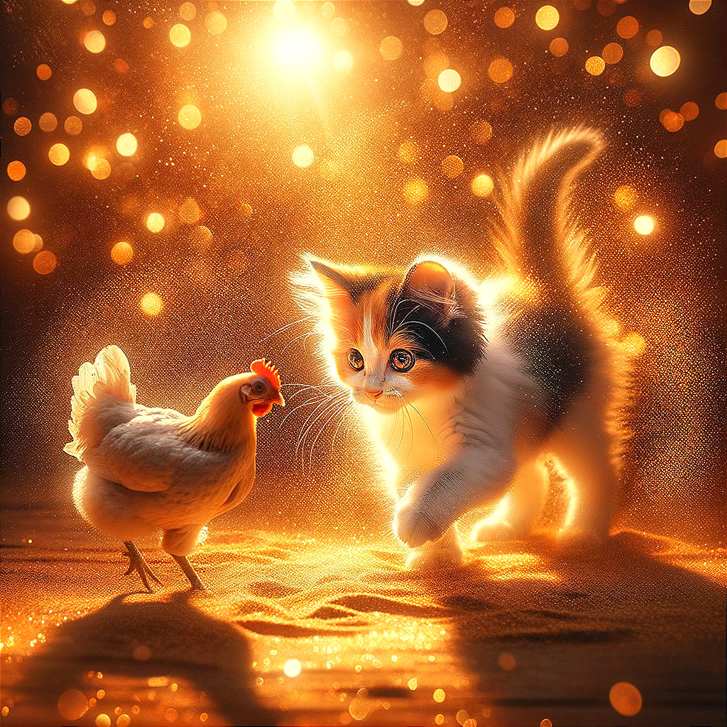 Curious Calico Kitten Meets Chicken in Sunlit Scene
