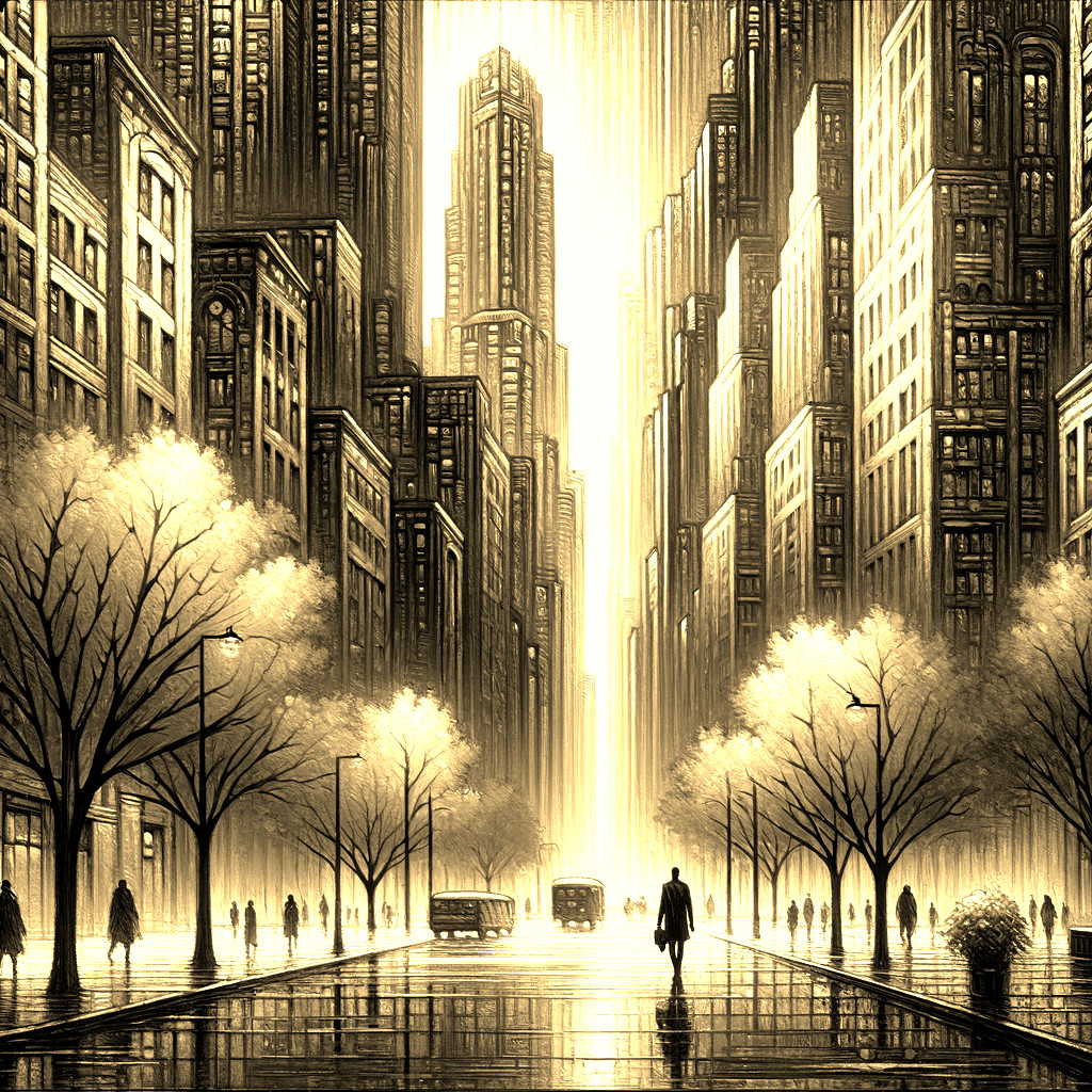Monochromatic Cityscape with Golden Light and Rain