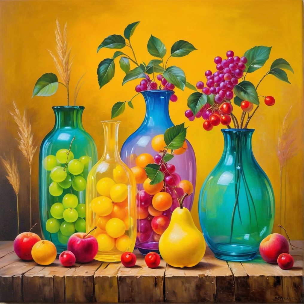 Vibrant Still Life with Colorful Vases and Fruits