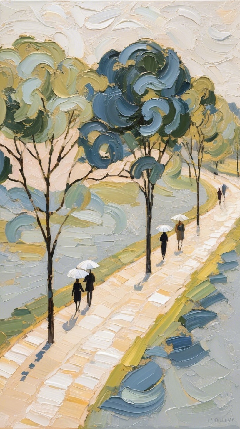 Impressionistic Oil Painting of Tree-Lined Pathway