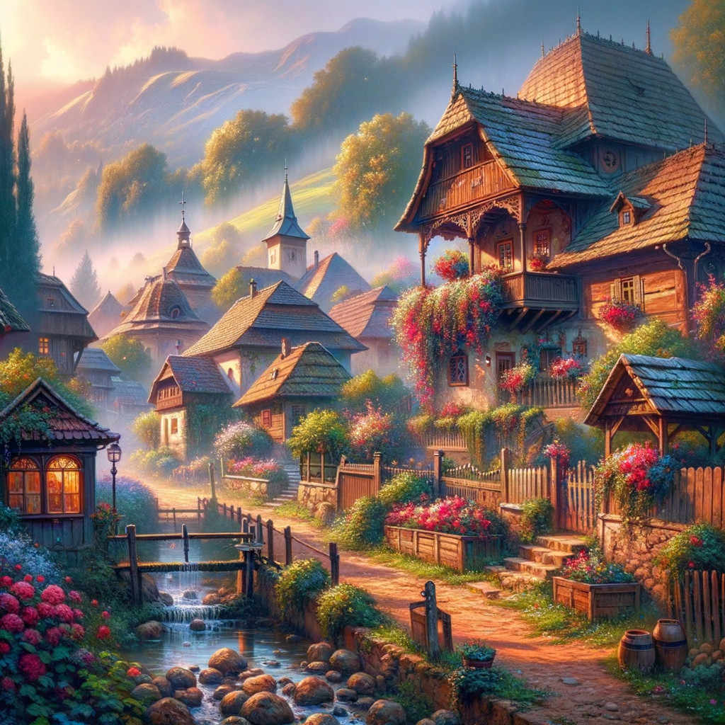 Charming Village Scene with Wooden Houses and Flowers