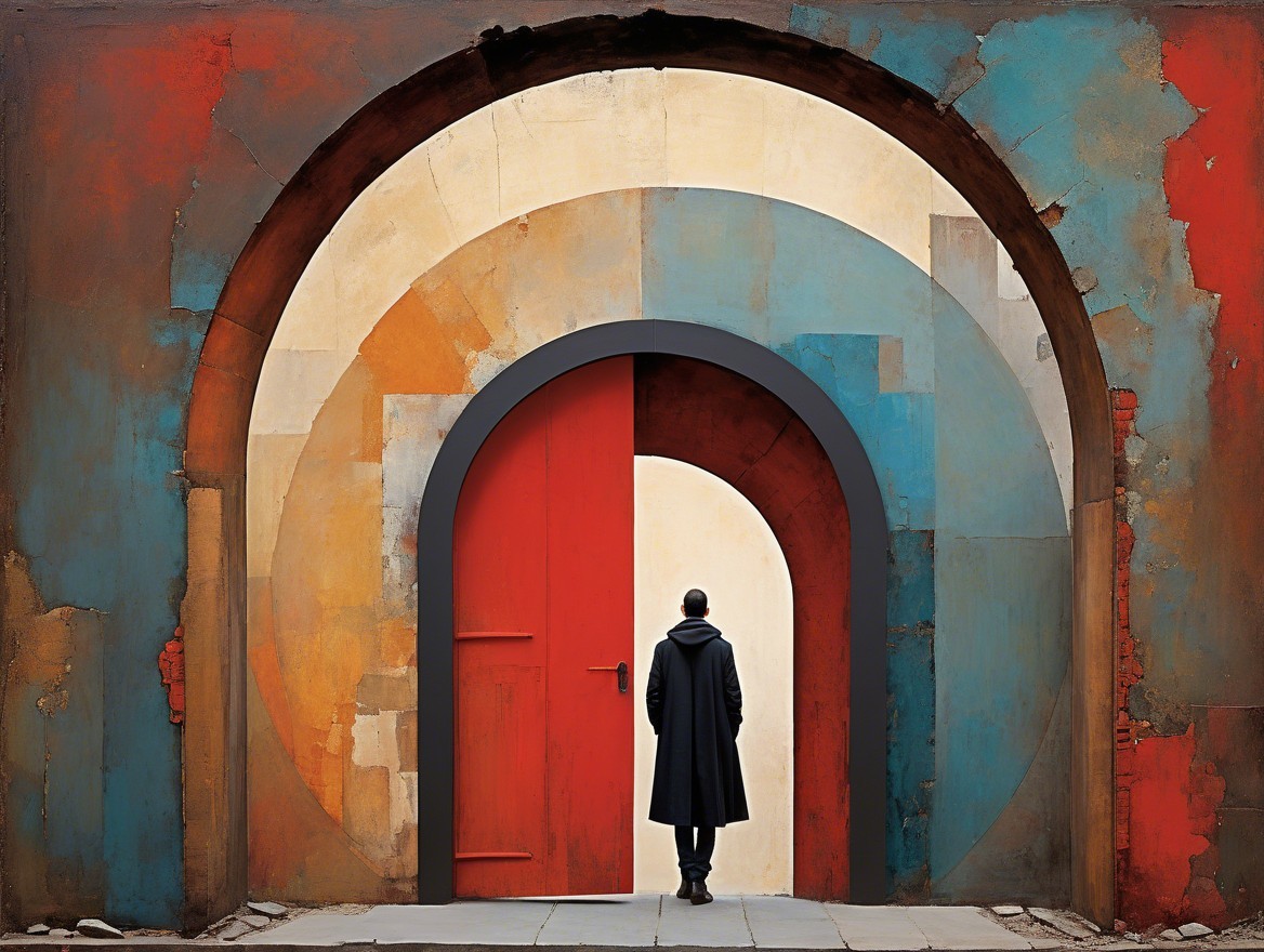 Figure in Black Coat Before Colorful Mural with Doorways