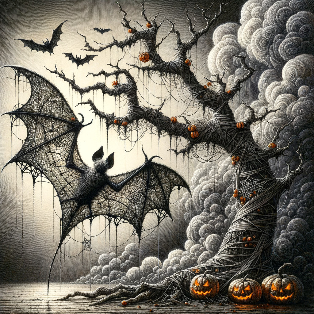Spooky Halloween Scene with Bats and Carved Pumpkins